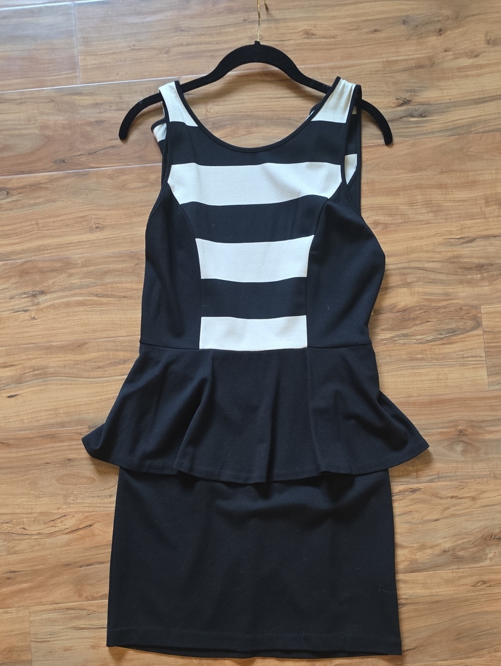Black & Cream Striped Peplum Dress